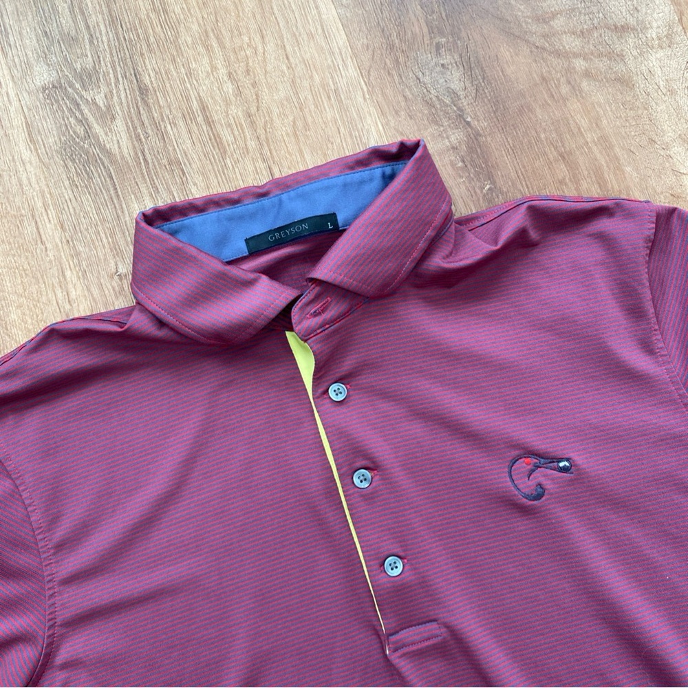 Greyson Golf Polo Mens Large Burgandy Striped Performance Crane Bird Logo